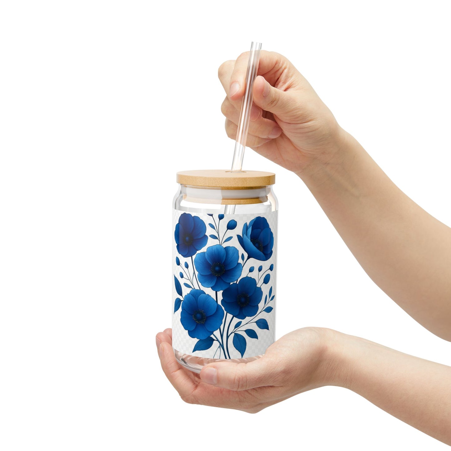 Flower-Patterned Sipper Glass, 16oz | Eco-Friendly Drinkware, Floral Glass, Reusable Straw Cup, Gift for Garden Lovers, Summer Party Decor