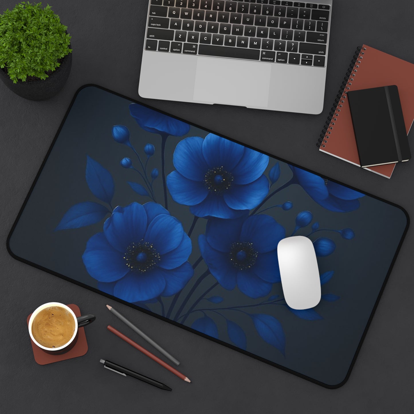 Elegant Floral Desk Mat for Home Office, Blue Flower Mouse Pad, Functional Workstation Decor, Gift for Her, Stylish Desk Accessory