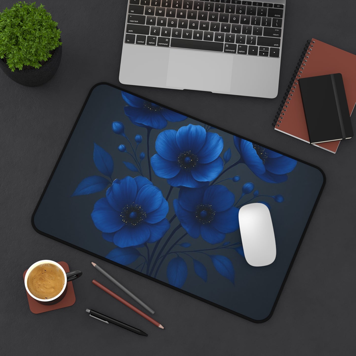 Elegant Floral Desk Mat for Home Office, Blue Flower Mouse Pad, Functional Workstation Decor, Gift for Her, Stylish Desk Accessory