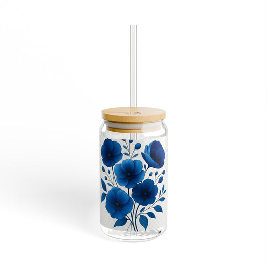 Flower-Patterned Sipper Glass, 16oz | Eco-Friendly Drinkware, Floral Glass, Reusable Straw Cup, Gift for Garden Lovers, Summer Party Decor