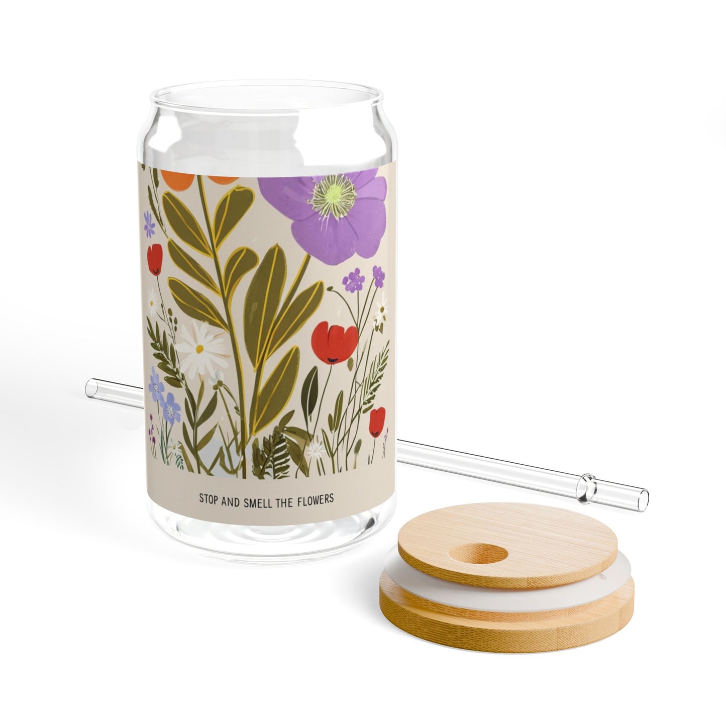 Floral Sipper Glass, 16oz – Eco-friendly Travel Cup, Perfect for Summer, Outdoor Gatherings, or Home Use, Stop and Smell the Flowers
