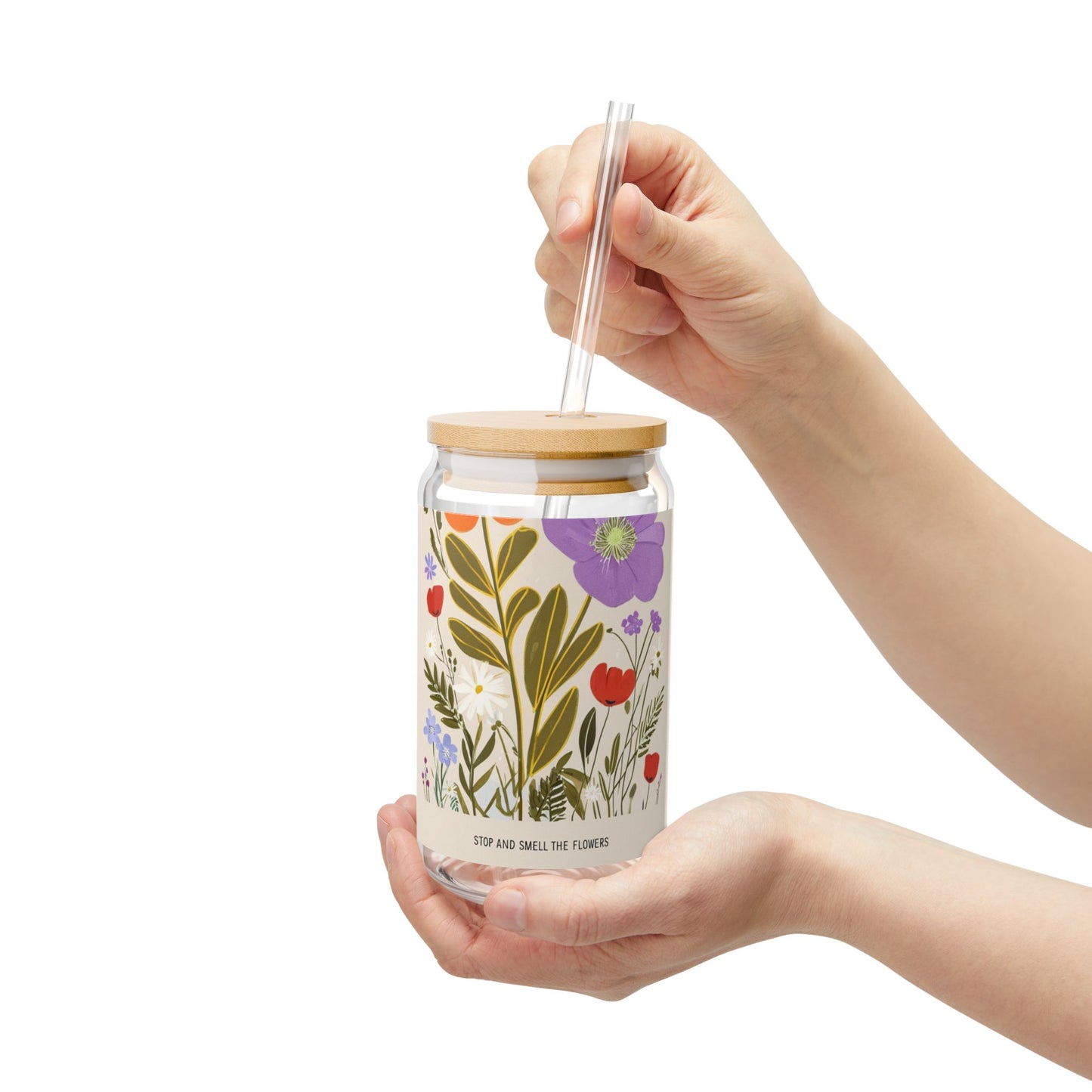 Floral Sipper Glass, 16oz – Eco-friendly Travel Cup, Perfect for Summer, Outdoor Gatherings, or Home Use, Stop and Smell the Flowers
