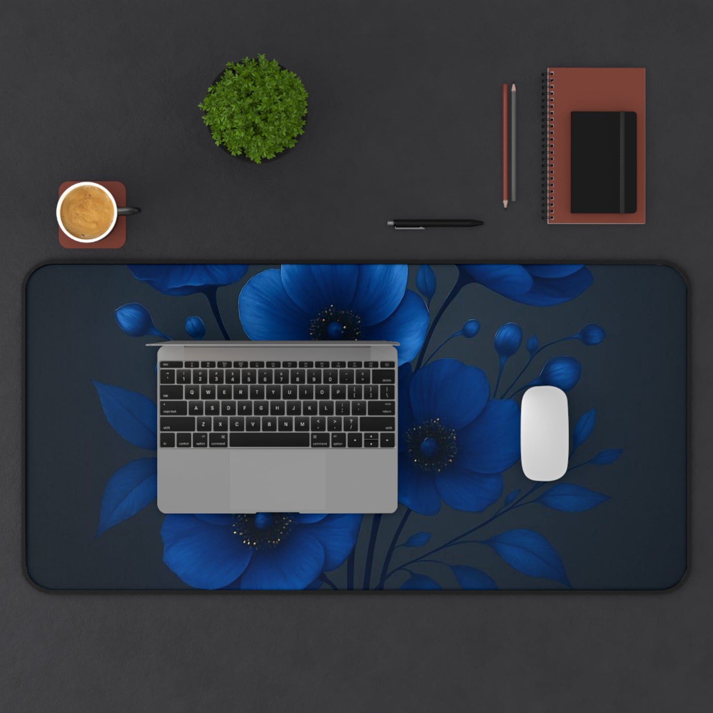 Elegant Floral Desk Mat for Home Office, Blue Flower Mouse Pad, Functional Workstation Decor, Gift for Her, Stylish Desk Accessory