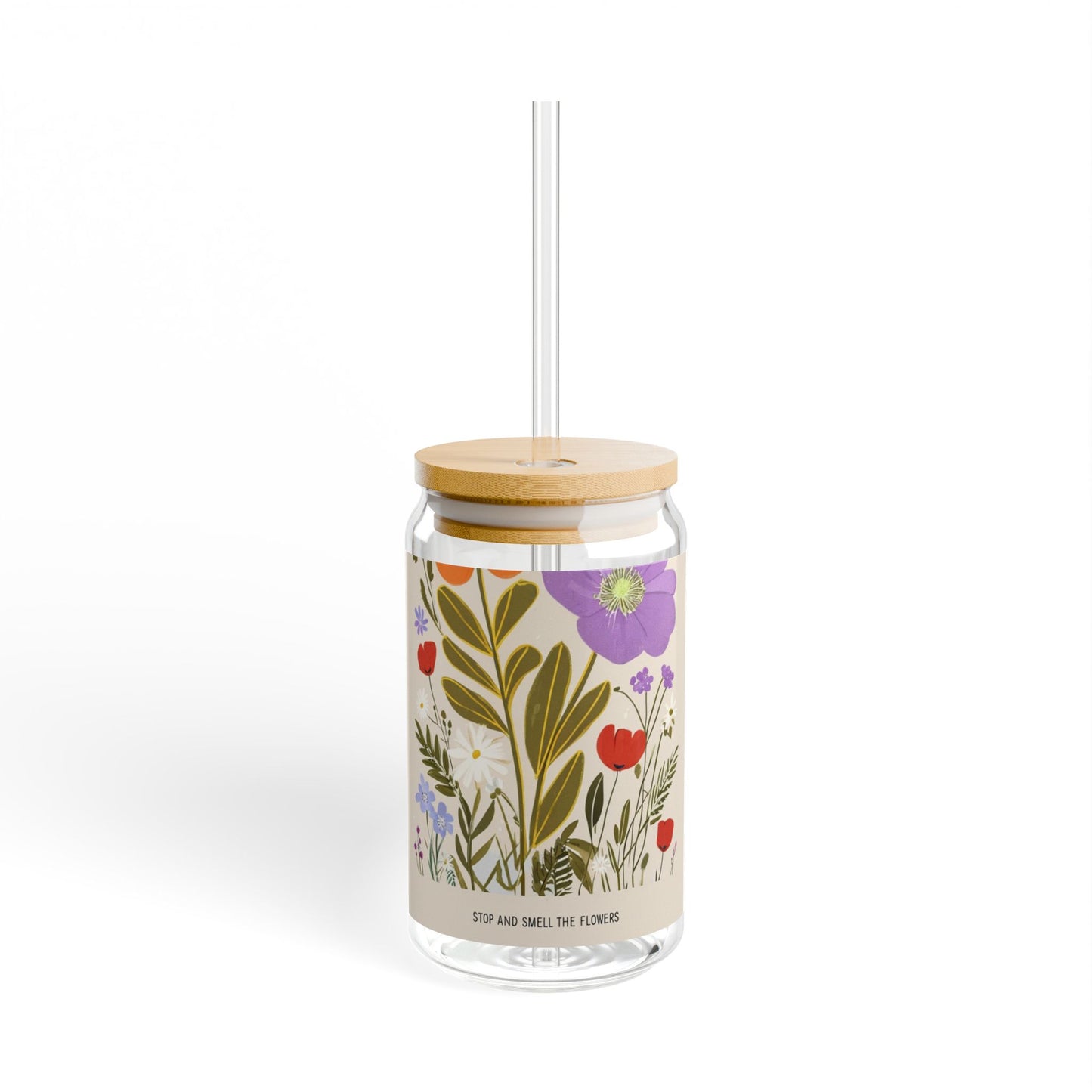 Floral Sipper Glass, 16oz – Eco-friendly Travel Cup, Perfect for Summer, Outdoor Gatherings, or Home Use, Stop and Smell the Flowers