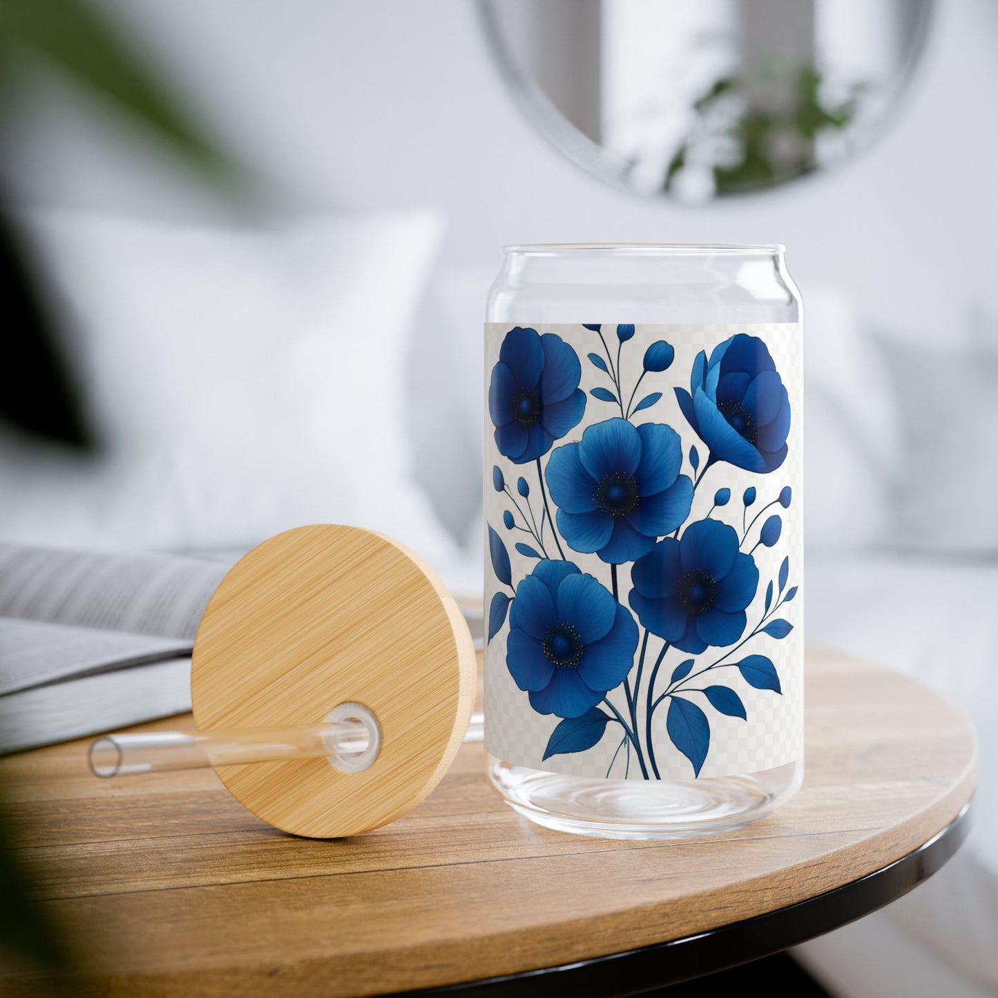 Flower-Patterned Sipper Glass, 16oz | Eco-Friendly Drinkware, Floral Glass, Reusable Straw Cup, Gift for Garden Lovers, Summer Party Decor