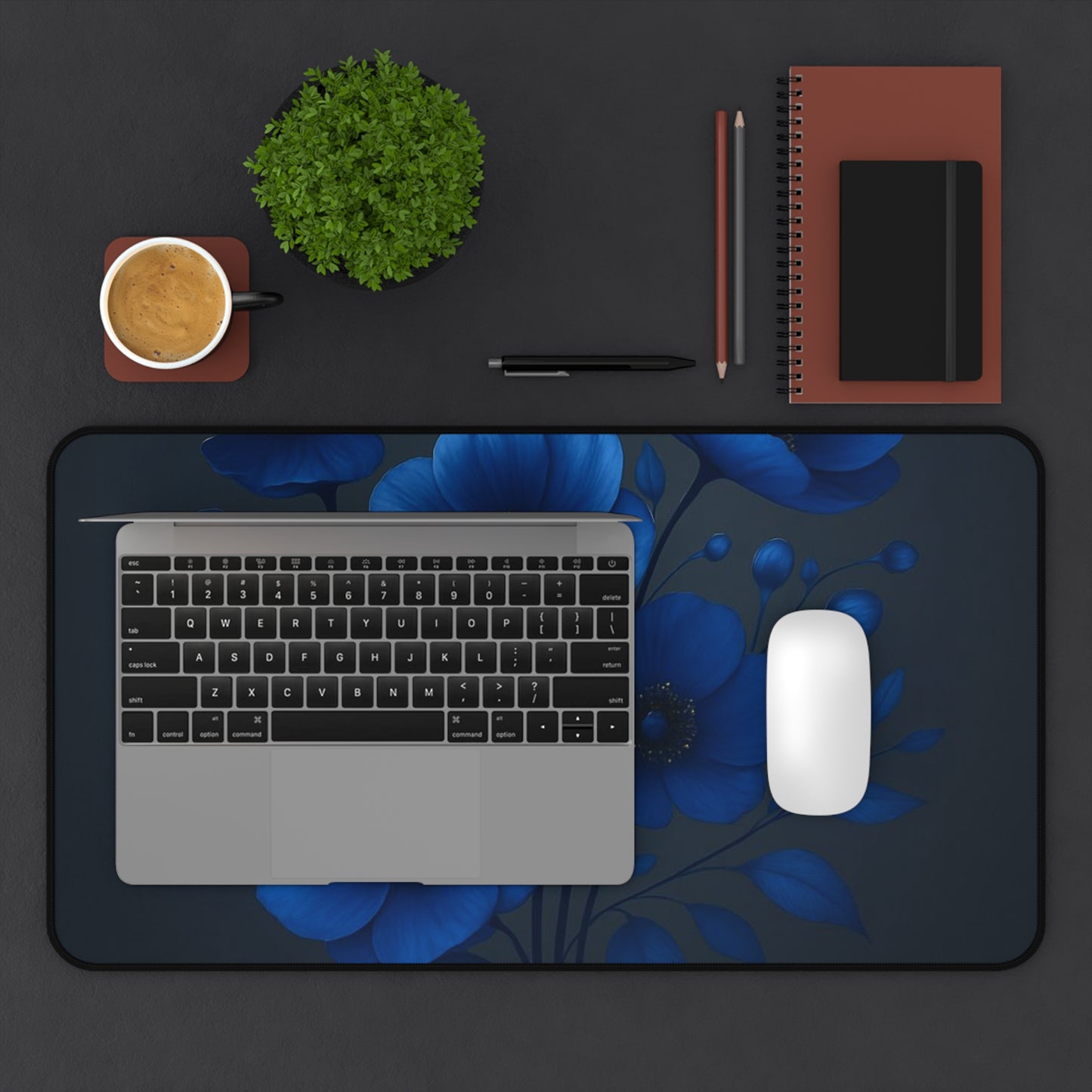 Elegant Floral Desk Mat for Home Office, Blue Flower Mouse Pad, Functional Workstation Decor, Gift for Her, Stylish Desk Accessory